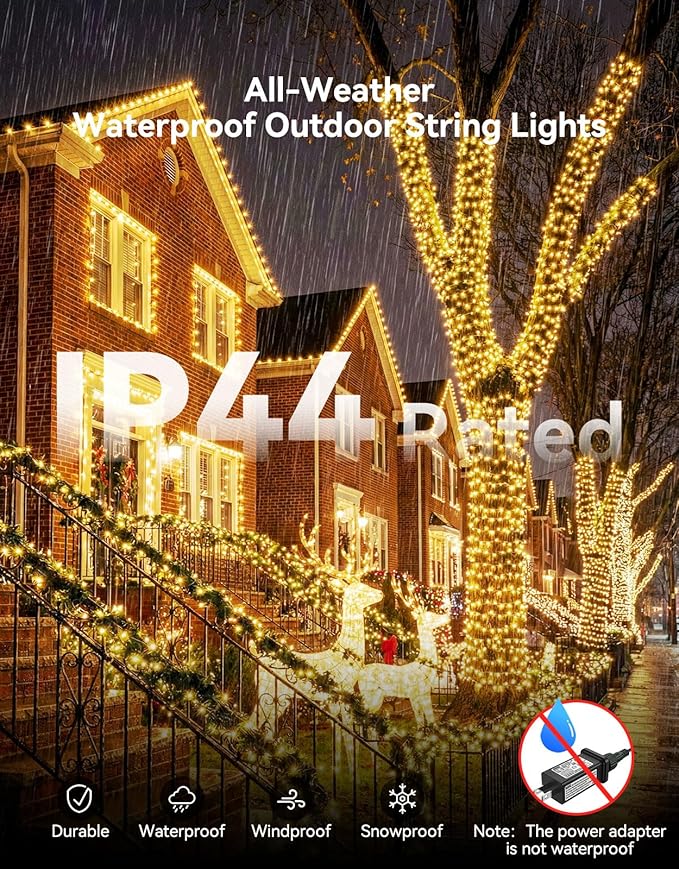 LitHome 164FT 500 LED String Lights Outdoor Indoor, 8 Modes Waterproof Christmas String Lights with Timer & Memory Function, Outdoor Christmas Lights Green Wire for Xmas Tree Party Garden, Warm White