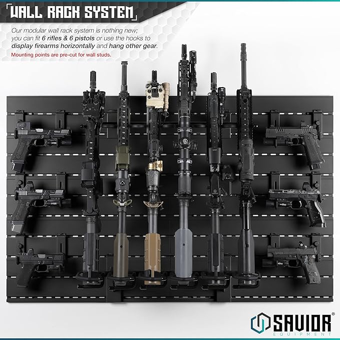 Savior Equipment Wall Rack System Heavy-Duty Steel Tactical Rifle Carbine Shotgun Handgun Storage Wall Mount, Modular Firearms Gun Wall Gear Accessories Organizer, Holds up to 6 Rifles & 6 Pistols