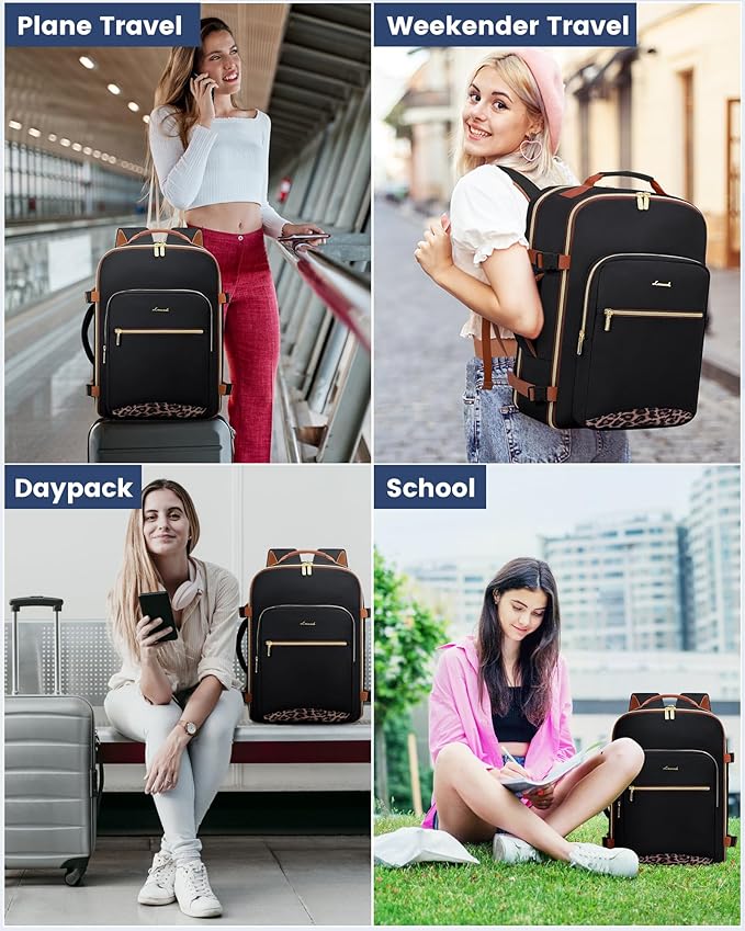 LOVEVOOK Travel Backpack for Women & Men 40L,Airline Approved Carry On Backpack Travel Essentials,TSA Carry on Luggage,Waterproof Personal Item Travel Bag Suitcase,3 Packing Cubes,Black-Leopard print
