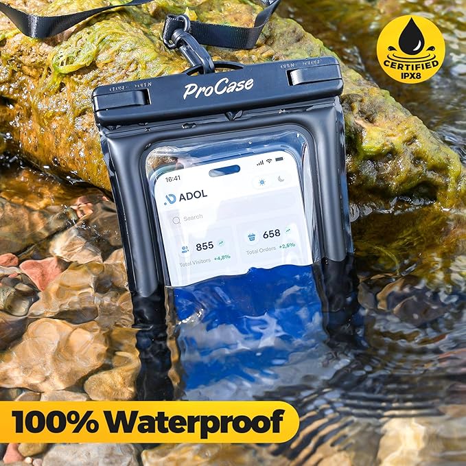 ProCase 2 Pack Floating Waterproof Phone Pouch IPX8, Universal Dry Bag Fits iPhone 17/16/15/14/13 Series, Galaxy S24/S23/S22, Pixel 8/7 (Up to 7”), Touchscreen, Underwater & Snow Protection -Black