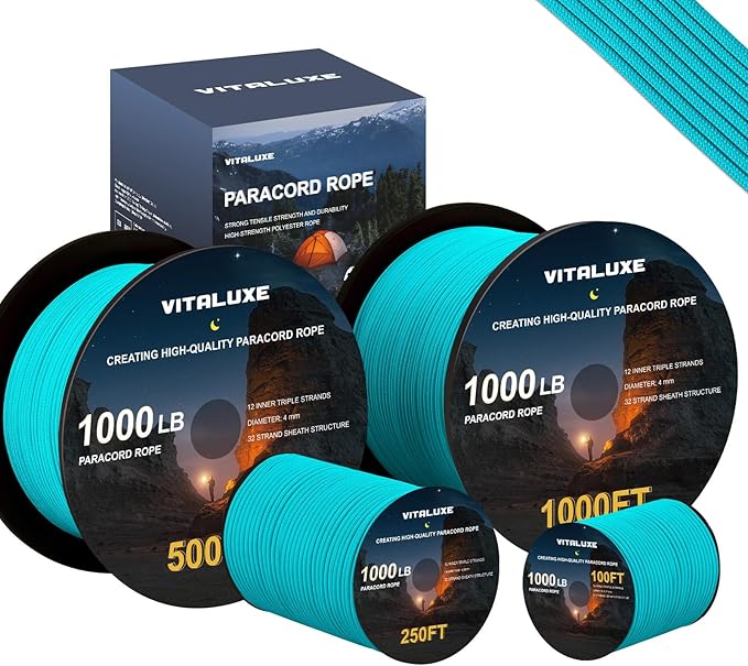 1000lb Paracord Rope, 4mm 12 Triple Strands Paracord, Heavy Duty Tactical Parachute Cord for Survival Gear, Camping, Hiking, and Ideal for Bracelets, Lanyards, Type III