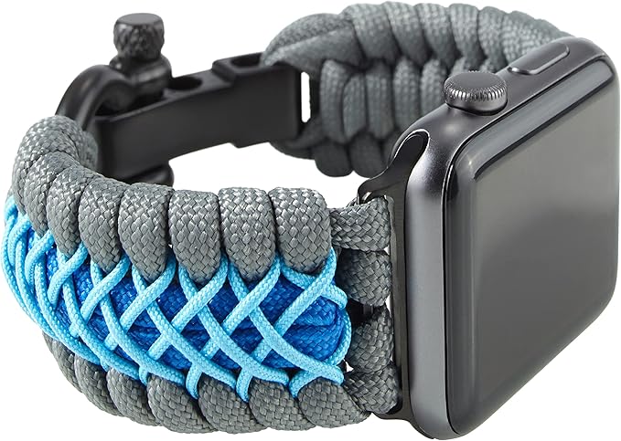Savior Survival Gear Paracord Watch Band,Compatible with Apple Watch Band 49mm 46mm 45mm 44mm 42mm,iWatch Band Series Ultra 10 9 8 7 6 5 4 3 2 1 SE,Adjustable strap for men (Blue-Gray-Sky Blue,Large)