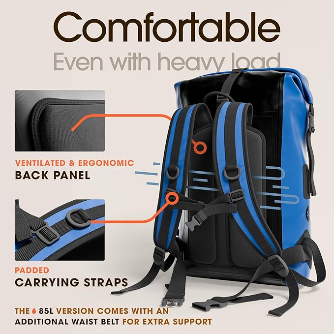 Earth Pak Waterproof Backpack - Heavy Duty Roll-Top Closure with Easy Access Front-Zippered Pocket and Cushioned Padded Back Panel for Comfort with IPX8 Waterproof Phone Case, Blue, 85L, Messenger Bag