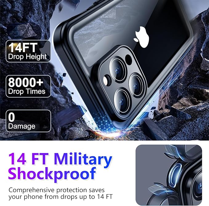 Temdan Compatible with iPhone 14 Pro Max Case Waterproof, Built-in Screen & Camera Protector IP68 Underwater Full Body 14FT Military Dropproof Shockproof Phone Case 6.7"-Purple/Clear