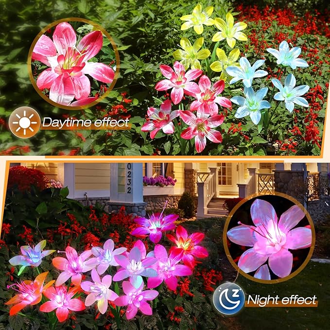 Aukora Solar Garden Lights Outdoor 5 Pack, 5 Colors Lily Flowers & 7-Color Changing Solar Lights for Outside, Waterproof for Garden Patio Yard Decor