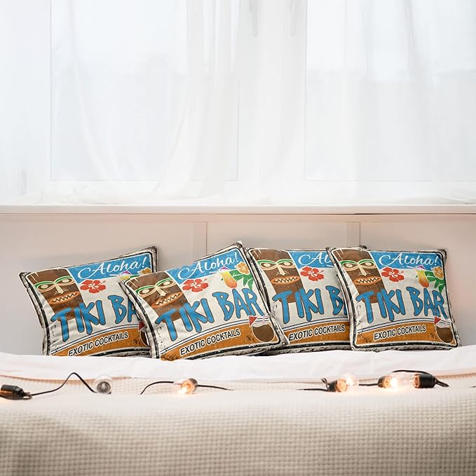 Ambesonne Tiki Bar Decorative Throw Pillow Case Pack of 4, Rusty Vintage Sign Aloha Exotic Cocktails and Coconut Drink Antique Nostalgic, Cushion Cover for Couch Living Room Car, 18", Brown Blue
