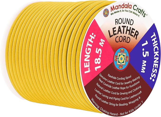 Mandala Crafts Round Genuine Yellow Leather Cord for Jewelry Making – 1.5mm Cowhide Leather Rope String Lace for Kumihimo – 20 Yards Cowhide Craft Cording Spool