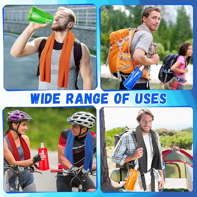 Teenyyou 48 Collapsible Water Bottles Bulk 16 oz with Carabiner Clip Cooling Towels 40'' x 12'' Reusable Leak Proof Water Bottles Mixed Color Ice Towel for Sports Biking Hiking Outdoor (6 Colors)