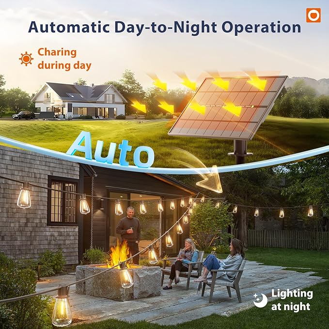 addlon 150FT(144+6) Solar String Lights Outdoor with Remote, Long-Lasting Waterproof Patio Lights, Dimmable & Timable Hanging Solar Light with 45 LED Bulbs for Outside, Yard, Garden, Camping, Gazebo