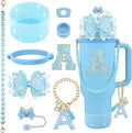 9PCS Blue for Stanley Cup Accessories Set Bling Initials Bow Charms for Stanley Decorations 30/40 Oz Tumbler Accessories Including Bow Straw Topper, Handle Strap, Spill Stopper（Letter A）