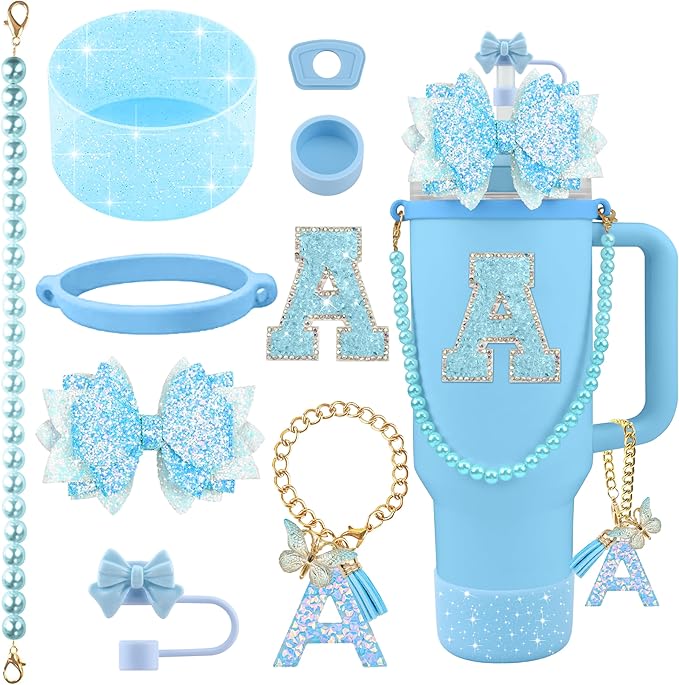 9PCS Blue for Stanley Cup Accessories Set Bling Initials Bow Charms for Stanley Decorations 30/40 Oz Tumbler Accessories Including Bow Straw Topper, Handle Strap, Spill Stopper（Letter A）