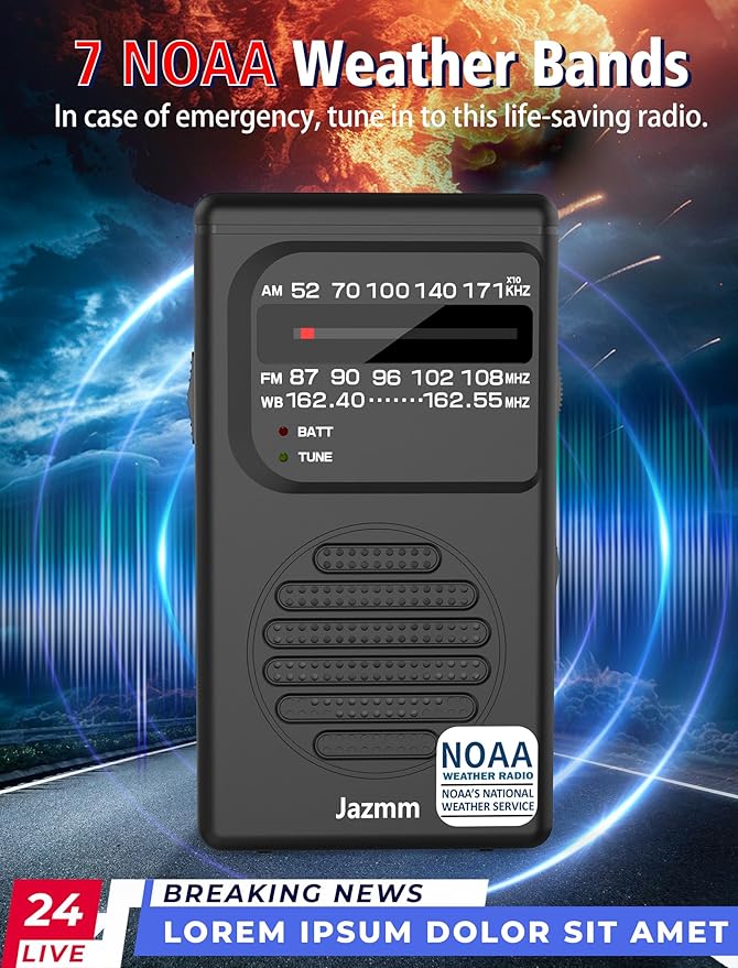 Pocket NOAA Weather Radio,Portable AM FM Battery Operated Radio with 3W Speaker,Transistor with Best Reception,Back Clip,Flashlight,Earphone Jack,Powered by 2 AA Battery for Emergency