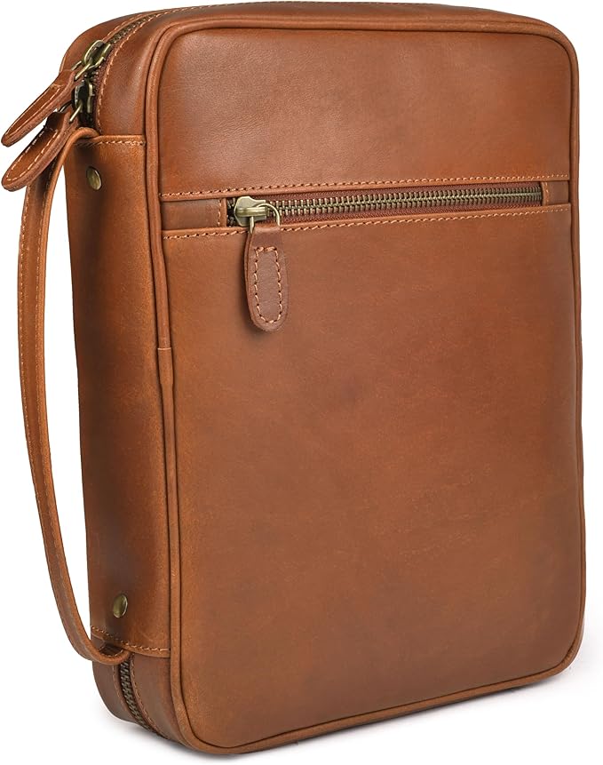 LEATHER VILLAGE Genuine Leather Bible Cover with Zipper for Men & Women - Large Bible Case Carrying Bag Book Cover & Organizer with Handle and Pockets - Leather Bible Covers for Church Study - Tan
