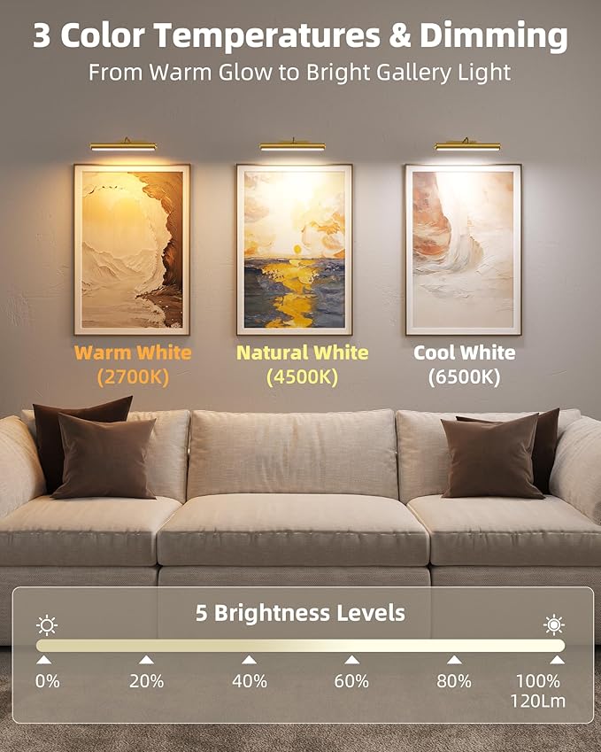 EZVALO Picture Light for Wall, ⁠13-Inch Wireless Rechargeable 4000mAh LED Art Light with Remote, Dimmable 3 Color Temps, Battery Operated Wall Light for Living Room, Bedroom, Gallery (Gold, 2 Pack)
