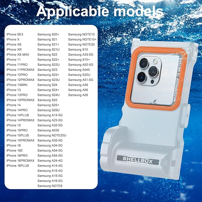 Universal Underwater Phone Diving Case with Bluetooth Controller, IP68 50FT Waterproof for iPhone 17 (Standard Only), iPhone 16/15/14/13/12/11 & Galaxy S24/S23/S22, Grey+Orange