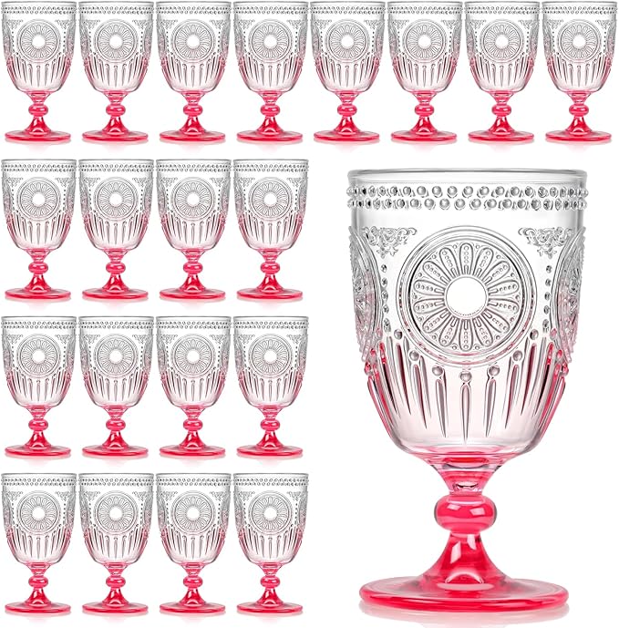 XUWAIDSGN 24Pcs Plastic Vintage Wine Glasses 13.5oz Reusable Embossed Goblet Glasses Pink Gradient Retro Wine Glassware Unbreakable Stemmed Champagne Water Cups for Wine Cocktail Juice Wedding