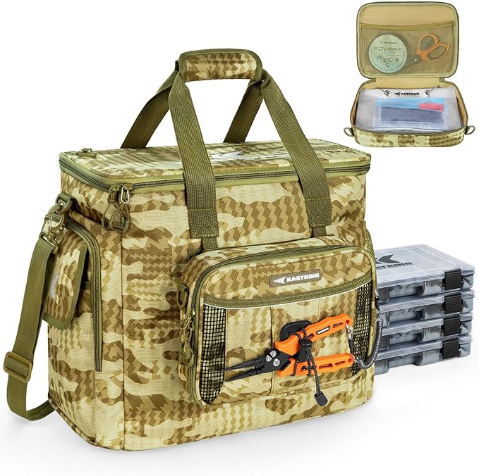 KastKing BaitSpace Fishing Tackle Bag With 4 Tackle Boxes & Removable Bait Binder, Water-Resistant Tackle Storage, Durable Fishing Gear, Adjustable Shoulder Strap
