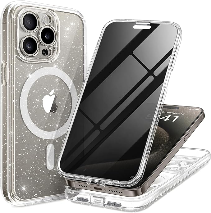 TIESZEN for iPhone 15 Pro Case, Compatible with MagSafe, Built-in Privacy Screen Protector and Camera Protection, Anti Spy Full Body Dustproof Shockproof Hard Phone Case 6.1", Shiny Clear