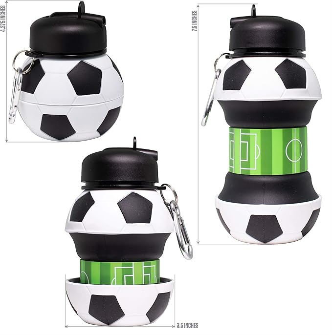 Maccabi Art Collapsible Silicone Soccer Ball Water Bottle for Kids, 18 oz BPA-Free with Clip, Leak-Proof Spout, Portable Sports Drink Bottle