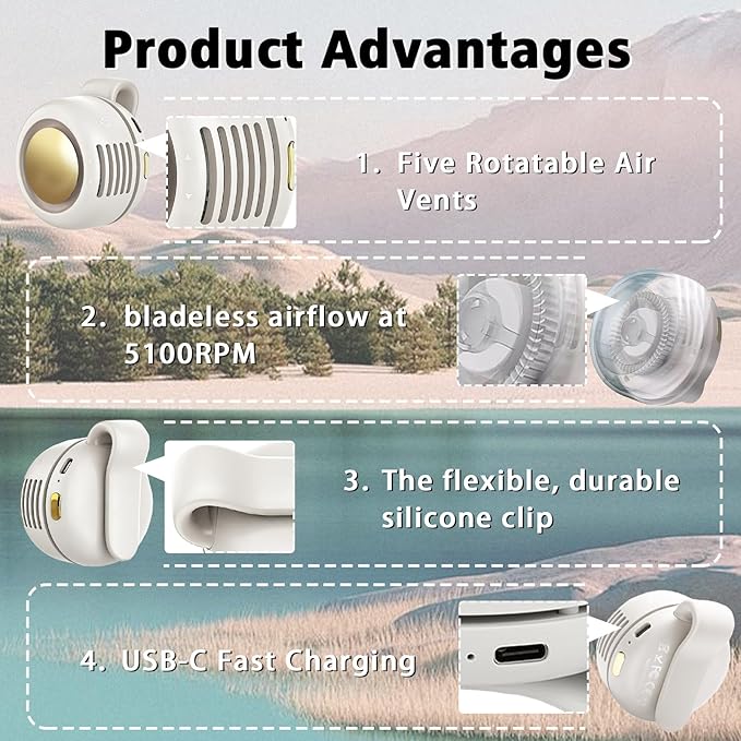 Portable Clip-On Fan, Mini USB Rechargeable 360° Rotatable Fan, 3-Speed Silent Mini Bladeless Fans (White and green)