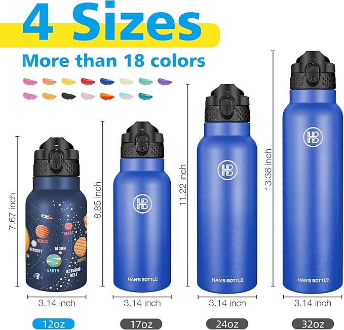 Han's Bottle Kids Water Bottle with Straw Lid - Insulated Stainless Steel Reusable Tumbler for Girls,Boys,Thermo Mug,12oz,Space Planet