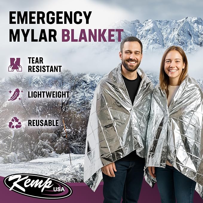 Kemp USA Emergency Mylar Blanket Lightweight Thermal Reflective Survival Blanket First Aid Disaster Preparedness Camping Vehicle Bug Out Bag Emergency Supply Gear (250)