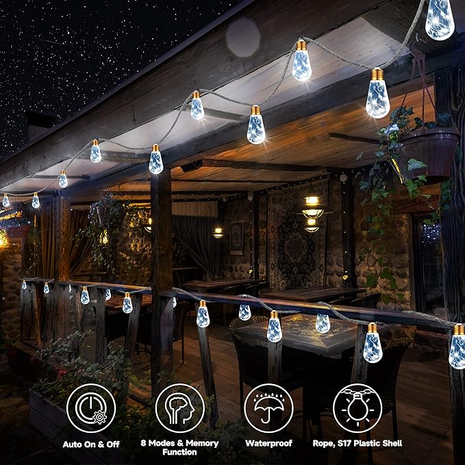 Solar Outdoor String Lights, 2 Pack 20Ft Vintage Rope Hemp Solar Patio Lights, Waterproof White Solar Powered String Lights With 8 Modes 16 Shatterproof Bulbs for Garden Stairs Balcony Café Bistro