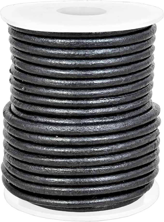 GENIQUE Real/Genuine Round Leather String Cord for Necklace, Bracelets, Jewelry, Kumihimo Braiding, DIY Projects (10 Metres) (3mm, Gunmetal Metallic)