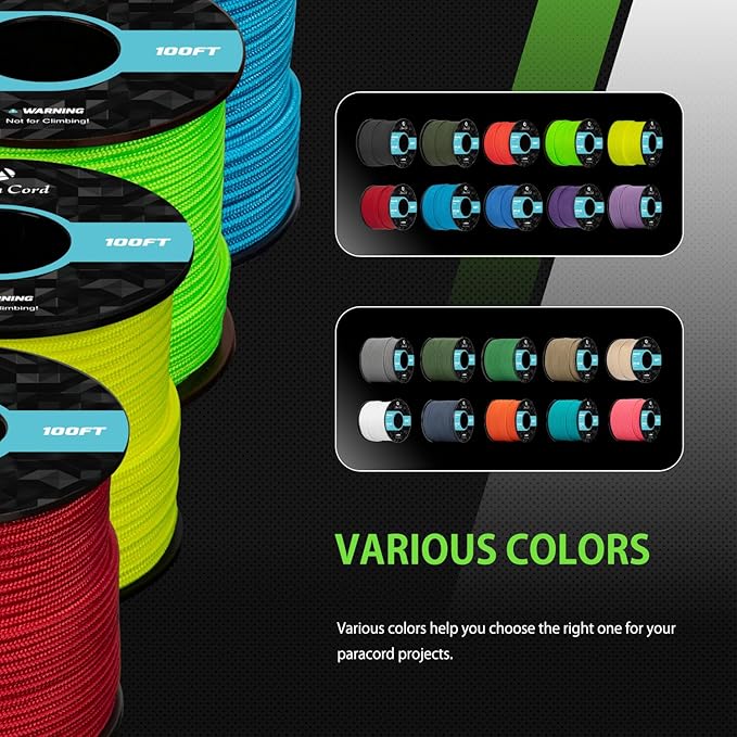 Abma Cord 2.4mm Paracord 275 100ft Nylon Rope 4 Strands Tactical Parachute Cord - Max. 275lbs - Neon Green