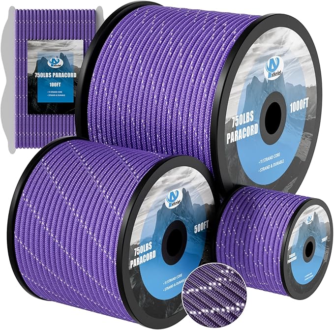 750Ib Reflective Paracord Rope,100' 200' 500' 1000', 4mm 11 Strand Parachute Spool Cord with Collecting Bag, para Cord Lanyard for Hammock, Camping