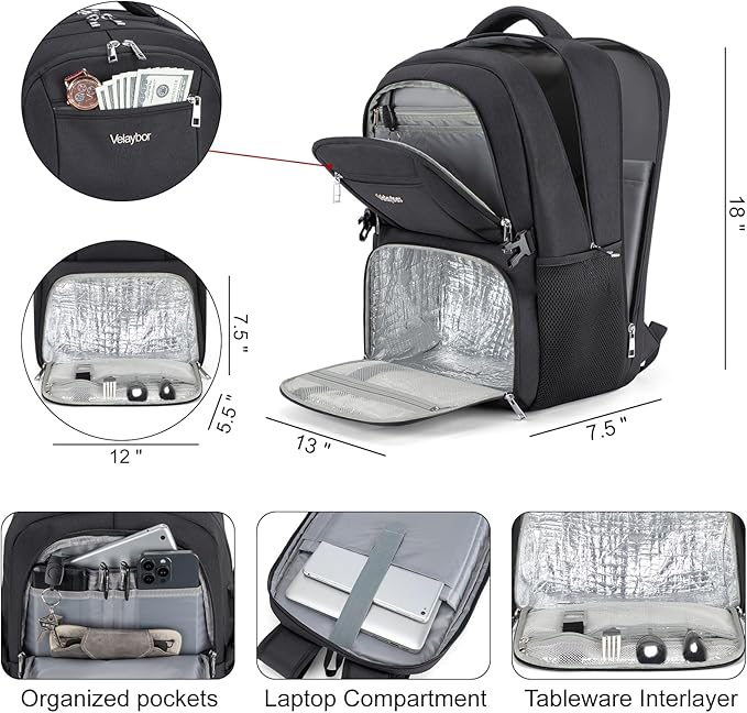 Insulated Lunch Backpack Fit 17" Laptop, Work Backpack with Lunch Box & USB Charging Port for Men & Women, Water Resistant College Computer Bag for Travel, Business, Hiking (Black)