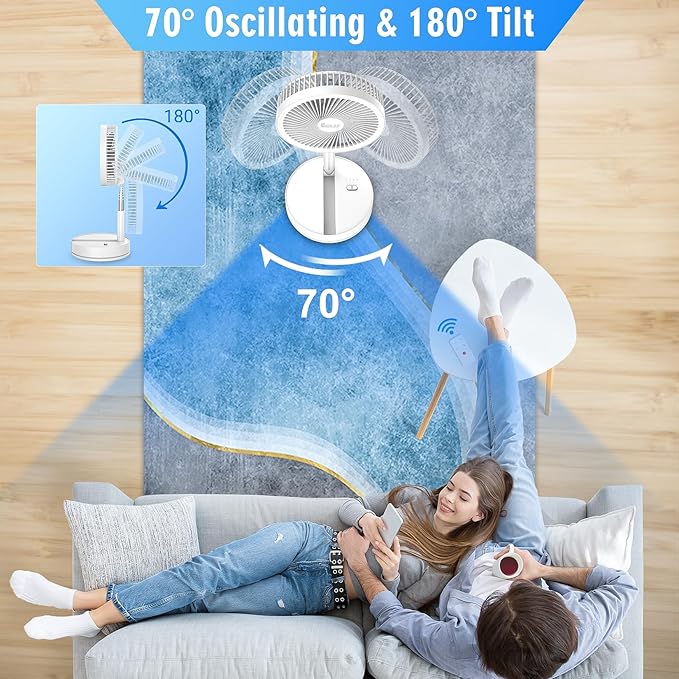 Portable Foldable Rechargeable Oscillating Fan - 8.6" 8000mah Battery Operated USB C Small Fan Remote, Quiet Table Desk Fan Folding Standing Pedestal Fans for Bedroom Rome Office Camping Travel