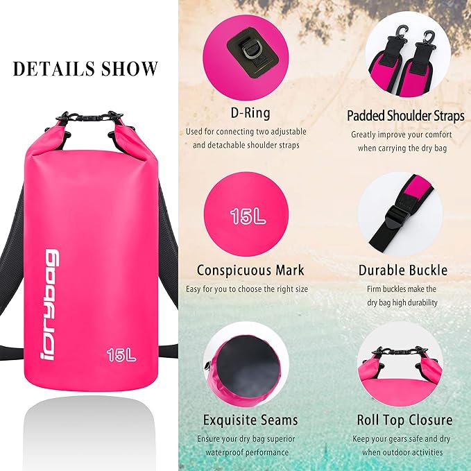 IDRYBAG Dry Bag for Kayaking Waterproof 2L/5L/10L/15L/20L, Small Dry Sack Waterproof Bag for Boating