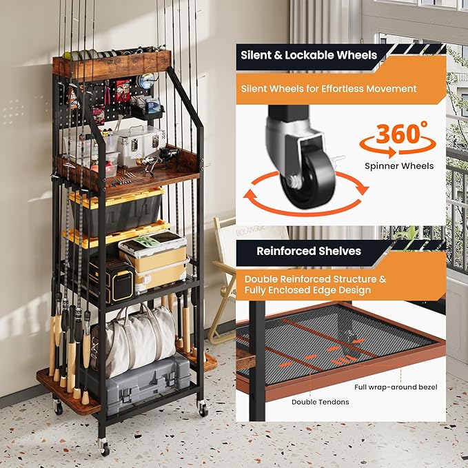 Fishing Rod Holder for Garage with Hooks & Pegboard, 3-Tier Fishing Pole Rack Holds 12 Rods, Rolling Fishing Rod Storage Organizer with Wooden Tool Box, Fishing Tackle Shelf for Anglers