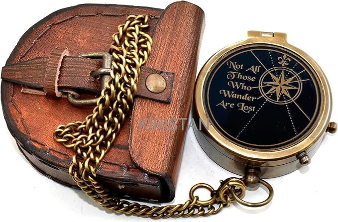Vintage Brass Compass Not All Those Who Wander are Lost, Engraved Antique Pocket Compass with Leather Case, Inspirational Graduation Gift for Men, Hiking Camping Navigation Nautical Compass