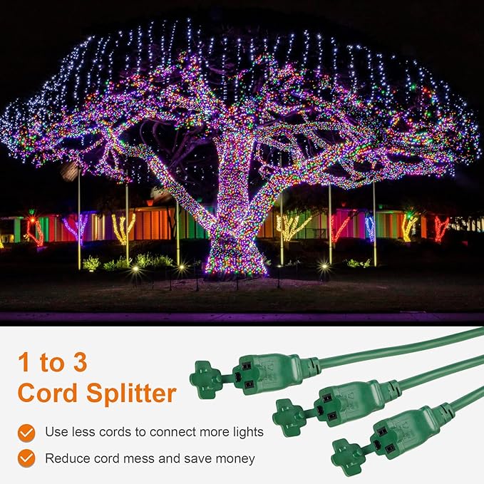 SURAIELEC Outdoor Extension Cord with Multiple Outlets, (34+6+6+6) 52FT Total, 40FT End to End, 1-3 Outlet Cord Splitter, 16/3C SJTW, for Landscape, Christmas Light, Halloween Decorations, Green