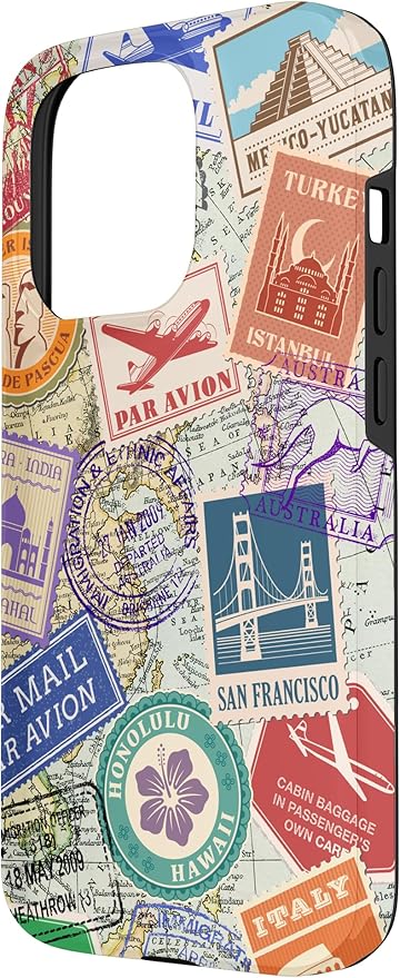 World Map Travel Passport Stamps Postage Stamp Case for iPhone 15 Pro