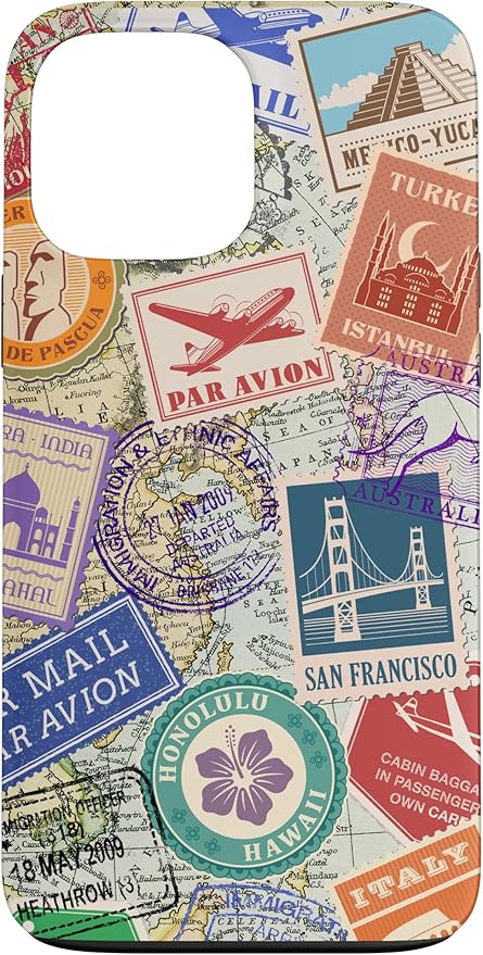 World Map Travel Passport Stamps Postage Stamp Case for iPhone 13 Pro Max