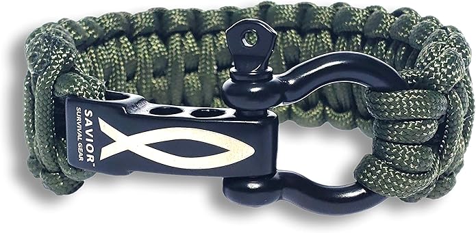 Savior Survival Gear Paracord Bracelet with Stainless Steel Adjustable Shackle (1.25" SSG Slash Stitch) (Green, 9)