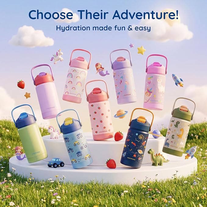 Mommore Kids Water Bottle 12 oz, Insulated Stainless Steel Water Bottle with Straw, Leakproof & BPA-Free, Vacuum Insulated Travel Water Bottle for School, Outdoor Green-1 Pc