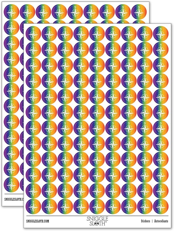 Compass Rose Nautical Star Navigation Map 200+ Round Stickers - Matte Finish - 0.50" Size - Rainbow