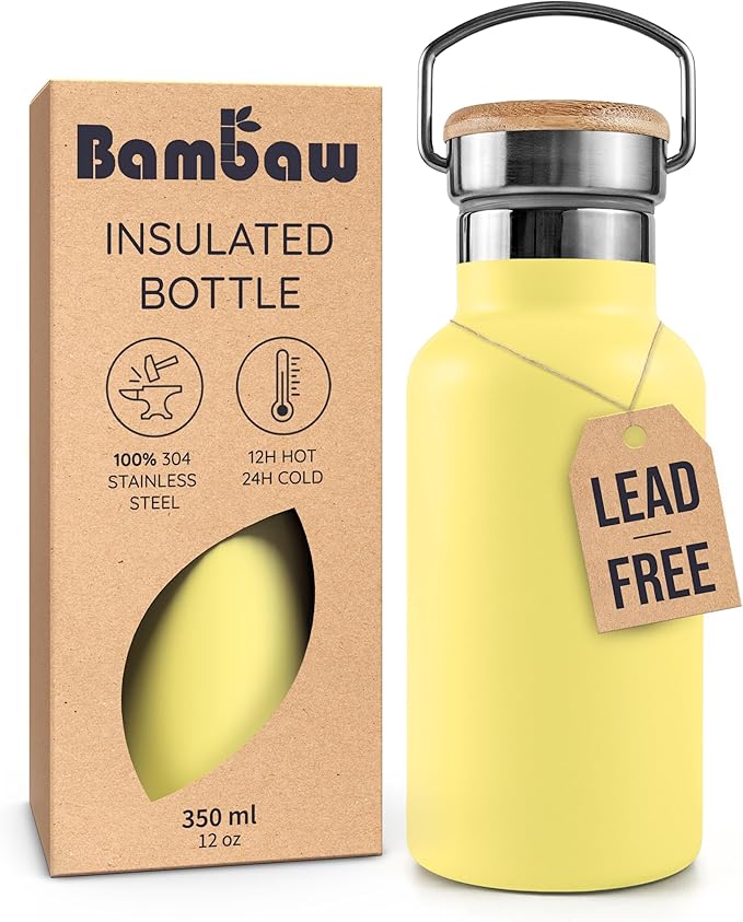 Bambaw 12 oz Metal Water Bottle Insulated with Handle, Leak-Proof Stainless Steel Water Bottle for School, Gym or Travel, Screw-Top Cap, Keeps Drinks Cold for 24h Cold & Hot for 12h (Yellow Beam)