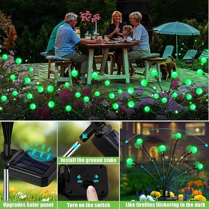 ZFNN Solar Firefly Light, Christmas Lights for Outside Decorations, 4 Pack 24 LED Green Solar Garden Lights, Outdoor Waterproof Garden Decor for Yard Patio Pathway Lawn Christmas