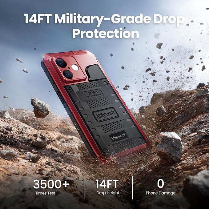 Mitywah Waterproof Case for iPhone 17, Rugged Metal Case with Built-in Screen Protector, Heavy Duty Full Body Shockproof Protective Cover 6.3 inch, Red
