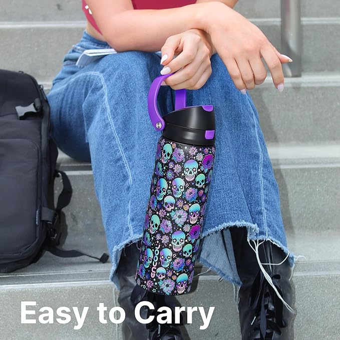 Encool SwiftSip Insulated Stainless Steel Water Bottle with Straw - Leak Proof Sports Water Bottle for School, Travel, Keeps Cold All Day, One-Touch Flip Lid, BPA-Free, 24 oz, Trippy Skulls
