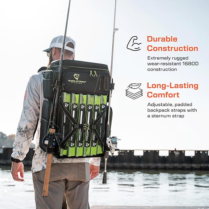Evolution Fishing Drift Series Tackle Backpack, Outdoor Rucksack w/ 6 Fishing Tackle Trays, Heavy Duty