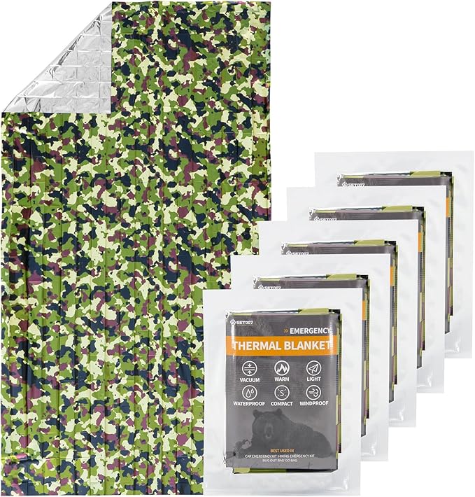 5-Pack Mylar Survival Blanket - 90% Heat Retention, Waterproof, Emergency Blankets for Cold Weather Protection, Durable Space Blankets for Survival Kits, Hiking, Camping, Fishing, Camouflage