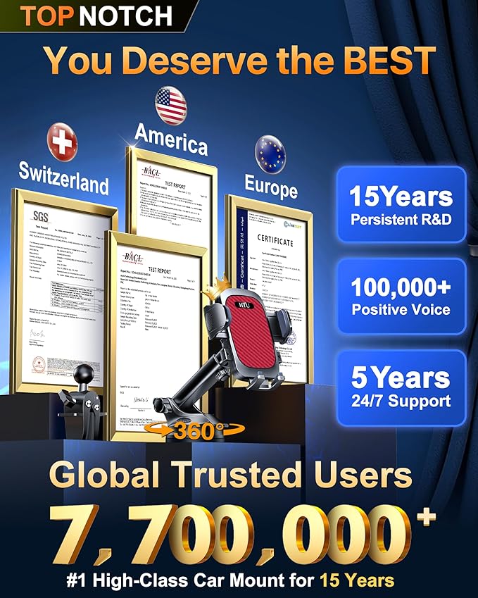 HTU 2026 Ultimate Best【True Military-Grade & Safety Cert】Car Phone Holder【Upgraded 360 Rotation & 100+LBS Strongest Suction】5-in-1 Truck Windshield Dashboard Vent Mount Stand for iPhone Android, Red