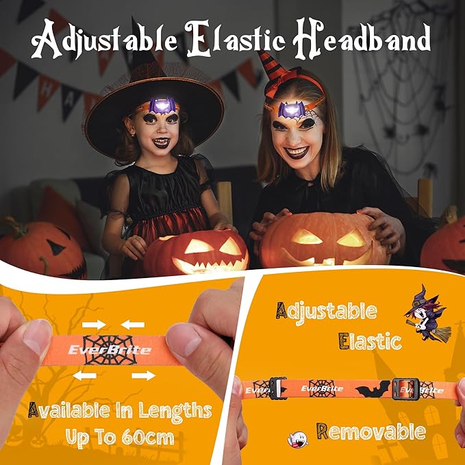 EverBrite Halloween Bat Headlamps Halloween Gifts, 5 Pack Head Lamps with Warm/Red/Strobe 3 Modes, Headlights for Halloween Party and Decorations