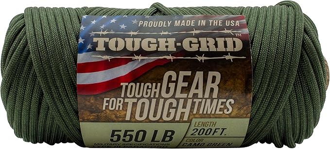 TOUGH-GRID 550 Paracord, Type III Mil-Spec Nylon Rope - 200 Ft Camo Green Tactical Survival Cord